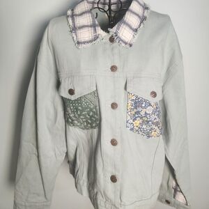 Easel Patchwork Denim Jacket Size Large Cottagecore Boho Floral Plaid